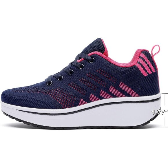Wuiwuiyu Womens Blue Athletic Sport Wedge Platform Mesh Lace Up Rocker Sneakers - Picture 5 of 7